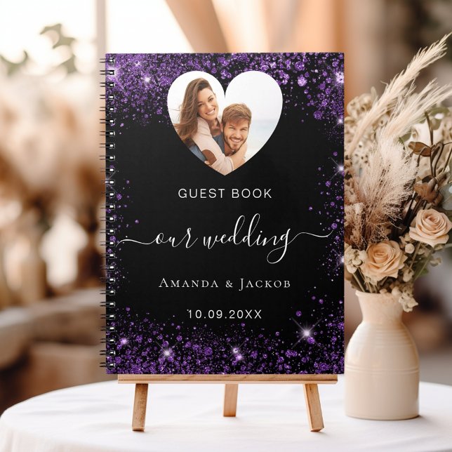 Guest book wedding black purple photo heart budget (Creator Uploaded)