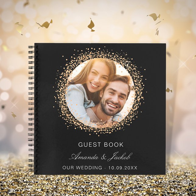 Guest book wedding black rose gold glitter photo (Creator Uploaded)