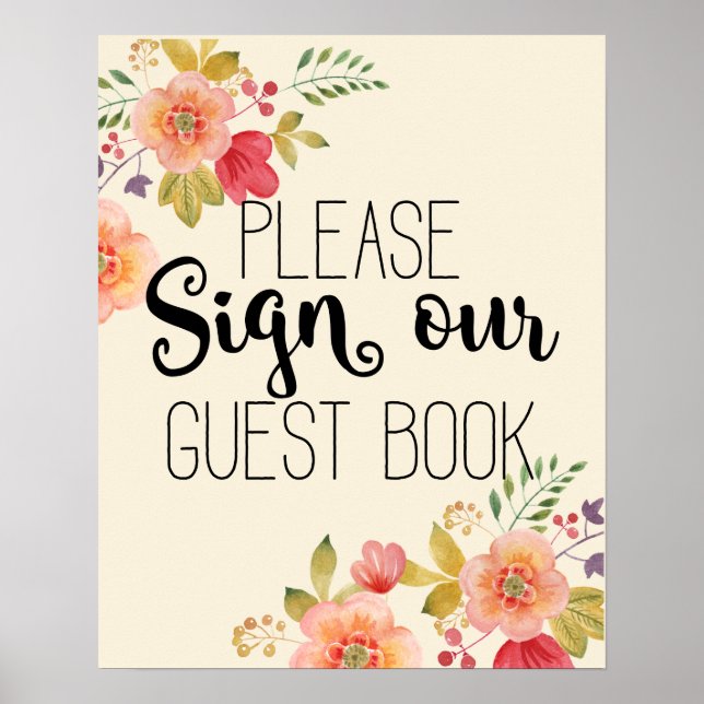 Guest book wedding floral wedding pink rose sign (Front)