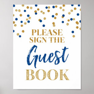Guest Book Wedding Sign Gold Blue Confetti