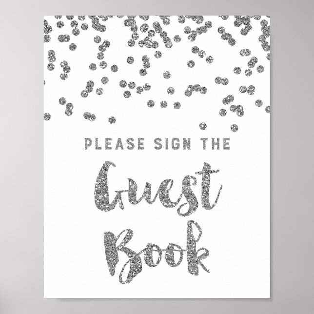 Guest Book Wedding Sign Silver Confetti (Front)