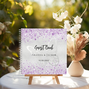 Guest book wedding silver lavender butterfly