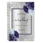 Guest book wedding silver navy blue florals