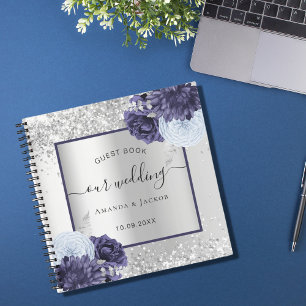 Guest book wedding silver navy blue florals