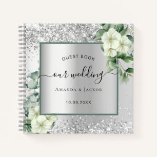 Guest book wedding silver white florals eucalyptus