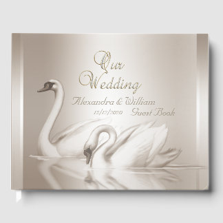 Guest Book Wedding Swans Damask Cream White