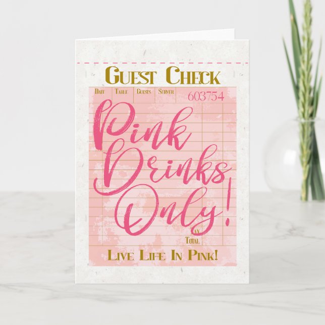 Guest Check Receipt Pink Drinks Preppy Feminine Note Card (Front)