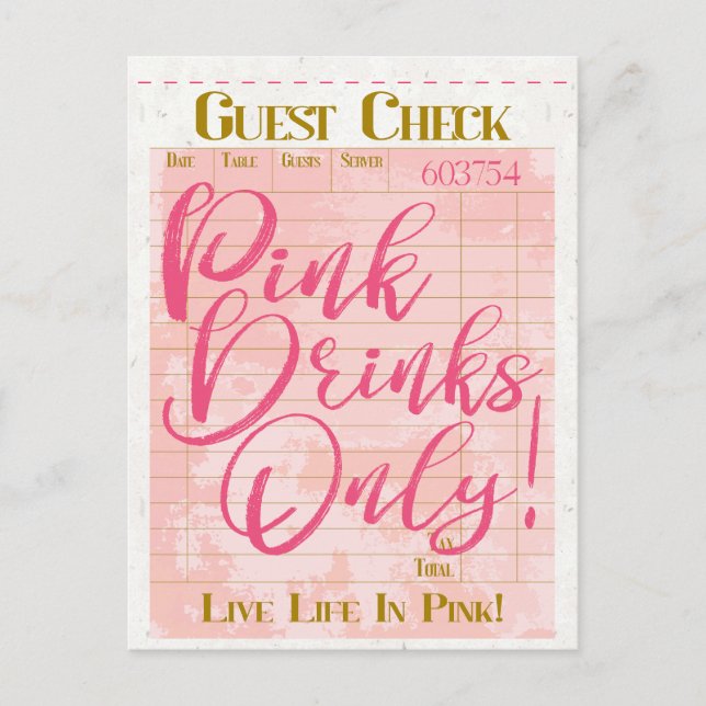 Guest Check Receipt Pink Drinks Preppy Feminine Postcard (Front)