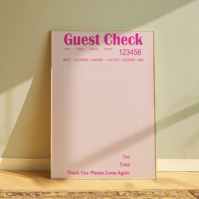 Guest Check Wall Art, Kitchen Aesthetic Art, Pink Poster (Guest Check Wall art)