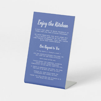 Guest enjoy the kitchen simple house rules blue pedestal sign