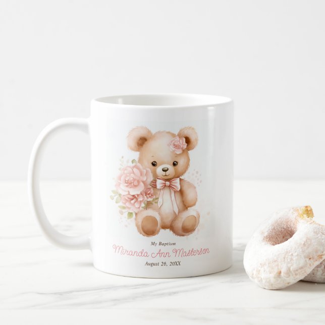 Guest Gift with Floral Teddy Bear for Girl Baptism Coffee Mug (With Donut)