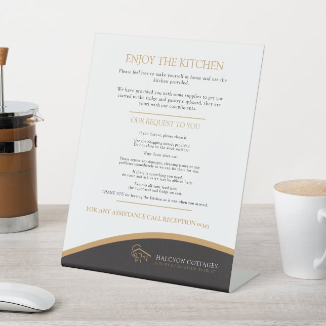 Guest kitchen black gold property rental business  pedestal sign (In SItu)