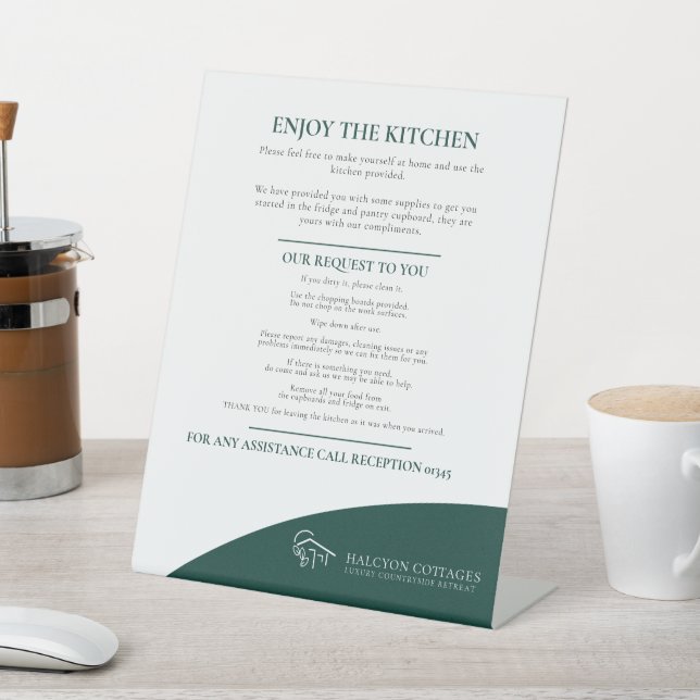 Guest kitchen dark green property rental business  pedestal sign (In SItu)