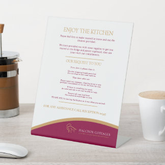 Guest kitchen red gold property rental business pedestal sign