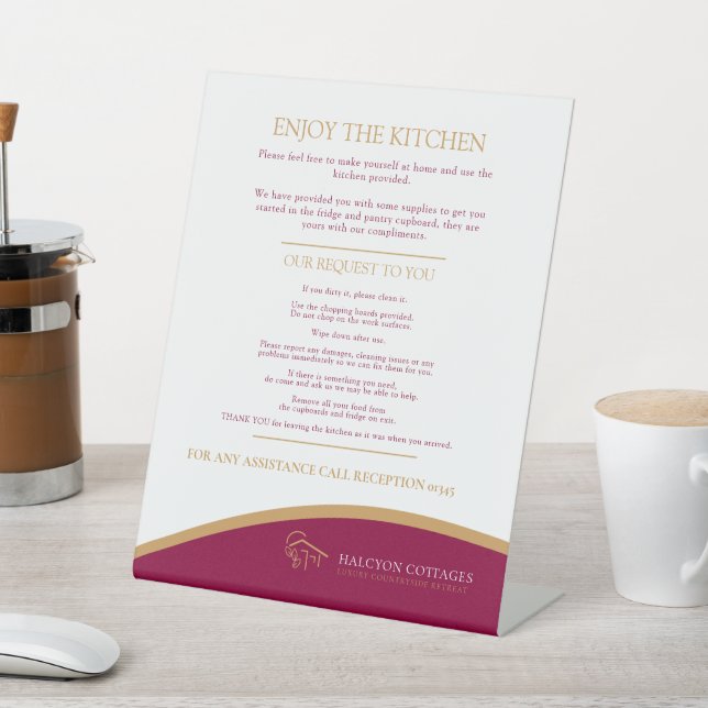 Guest kitchen red gold property rental business  pedestal sign (In SItu)