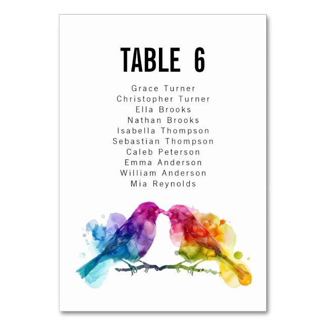 Guest list both sides wedding Rainbow Lovebirds Table Number (Front)