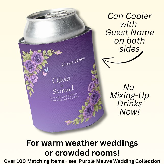 Guest Name Purple Mauve Flowers & White Wedding  Can Cooler (Creator Uploaded)