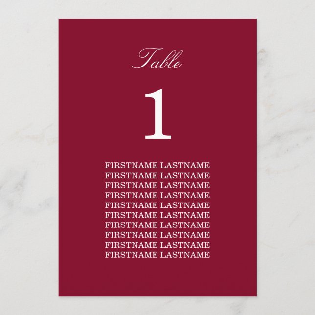 Guest Names Burgundy Red Table Card (Front)