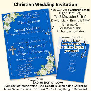 Guest Names, Christian Cobalt Blue & White Roses  Invitation