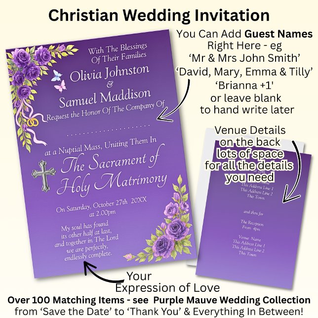Guest Names, Christian Purple Mauve Flowers White Invitation (Creator Uploaded)