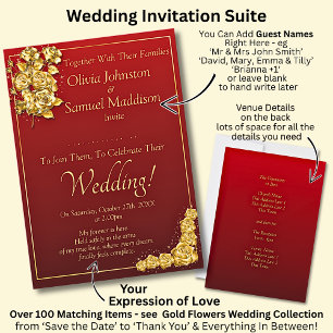 Guest Names, Gold Roses Maroon Red Wedding Invitation