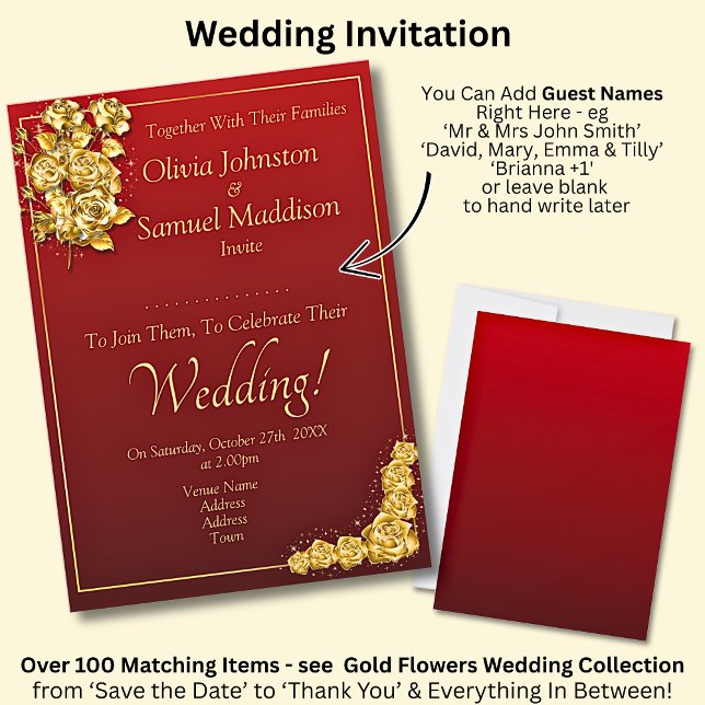 Guest Names, Gold Roses Maroon Red Wedding  Invitation (Creator Uploaded)