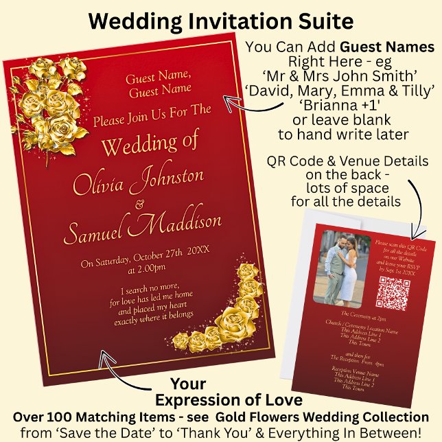 Guest Names, Gold Roses Maroon Red Wedding Invitation (Creator Uploaded)