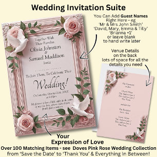 Guest Names, Pink Roses & Doves Wedding Invitation