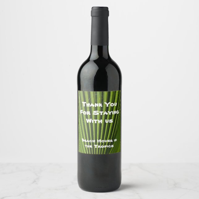Guest Welcome Green Palm Leaf Vacation Home Wine Label (Front)