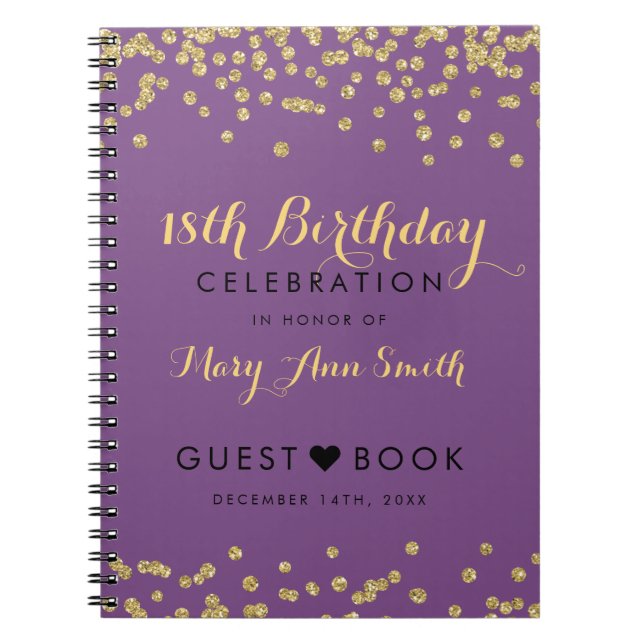 Guestbook 18th Birthday Gold Confetti Purple Spiral Notebook (Front)