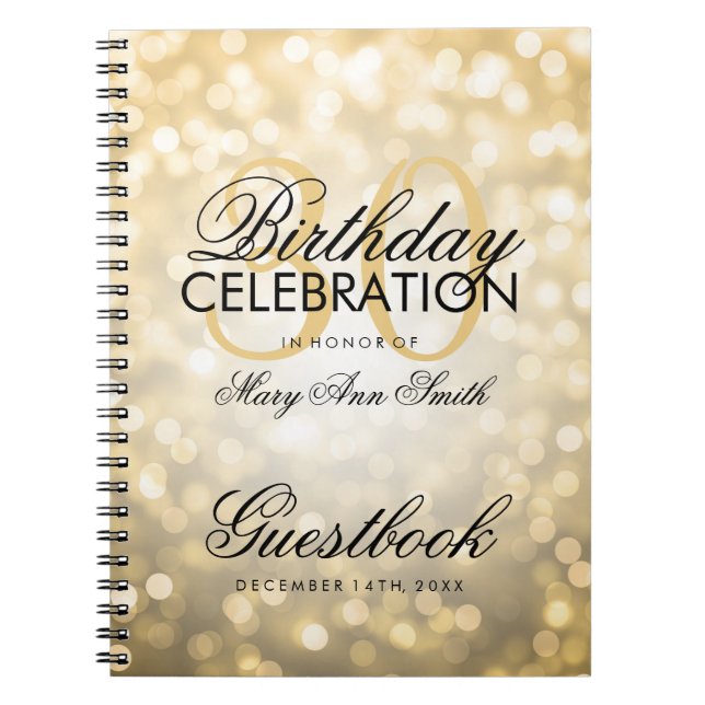 Guestbook 30th Birthday Party Gold Glitter Light Spiral Notebook (Front)