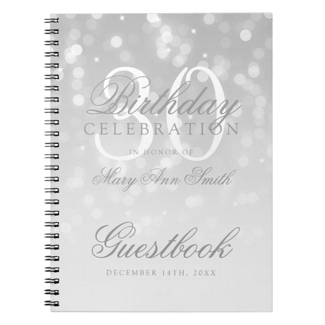 Guestbook 30th Birthday Silver Bokeh Sparkle Light Notebook (Front)