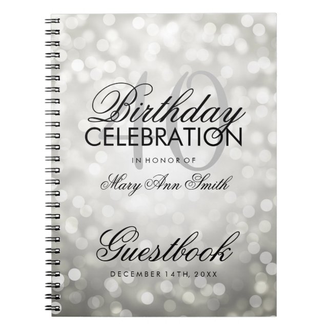 Guestbook 40th Birthday Party Silver Glitter Light Spiral Notebook (Front)