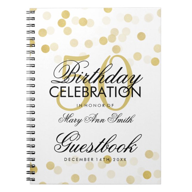 Guestbook 50th Birthday Gold Foil Glitter Lights Notebook (Front)