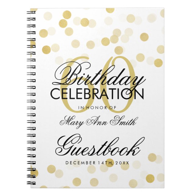 Guestbook 60th Birthday Gold Foil Glitter Lights Spiral Notebook (Front)