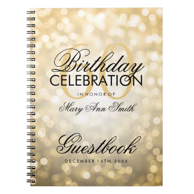 Guestbook 60th Birthday Party Gold Glitter Light Spiral Notebook (Front)