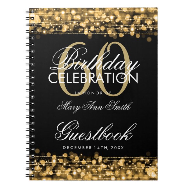 Guestbook 60th Birthday Party Sparkles Gold Spiral Notebook (Front)