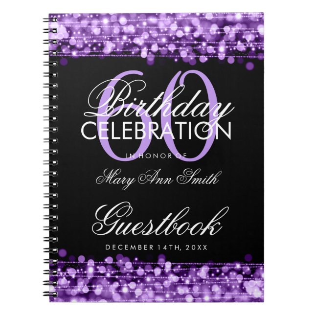 Guestbook 60th Birthday Party Sparkles Purple Spiral Notebook (Front)