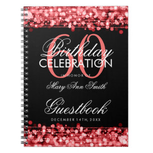 Guestbook 60th Birthday Party Sparkles Red Spiral Notebook