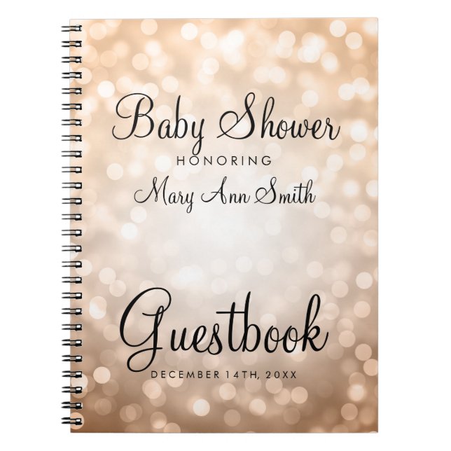 Guestbook Baby Shower Copper Glitter Lights Spiral Notebook (Front)