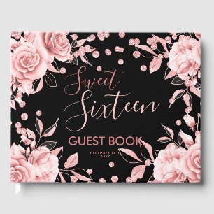 Guestbook Rose Gold Black Sweet 16 Glitter Confett