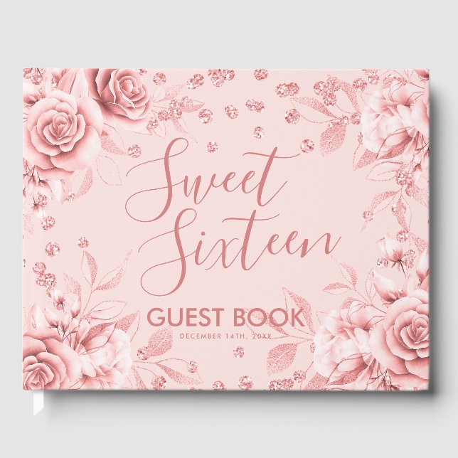 Guestbook Rose Gold Blush Sweet 16 Glitter Confett (Front)