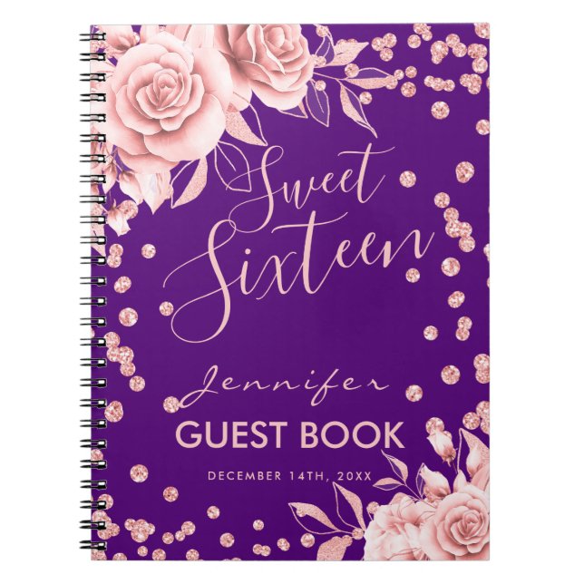 Guestbook Rose Gold Purple Sweet 16 Glitter Floral Notebook (Front)