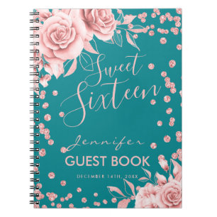Guestbook Rose Gold Teal Sweet 16 Glitter Floral Notebook