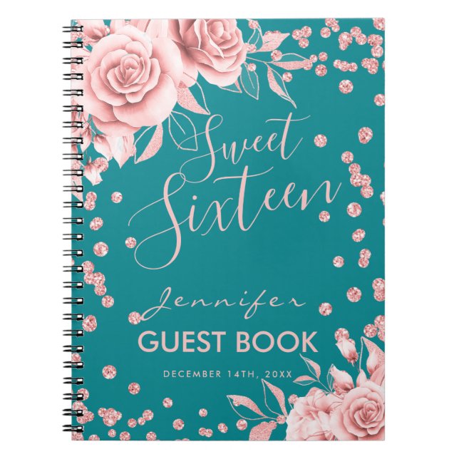 Guestbook Rose Gold Teal Sweet 16 Glitter Floral Notebook (Front)
