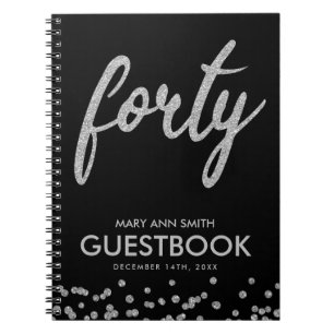 Guestbook Silver Black "Forty" 40 Birthday Glitter Notebook
