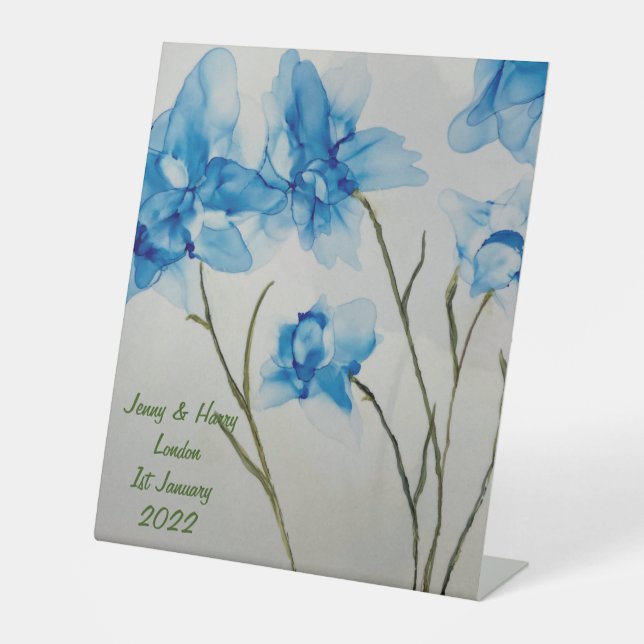 Guestbook Wedding Blue Flowers  Hand Fan Pedestal Sign (Front)