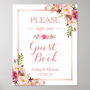 Guestbook Wedding Sign Trendy Rose Gold Floral