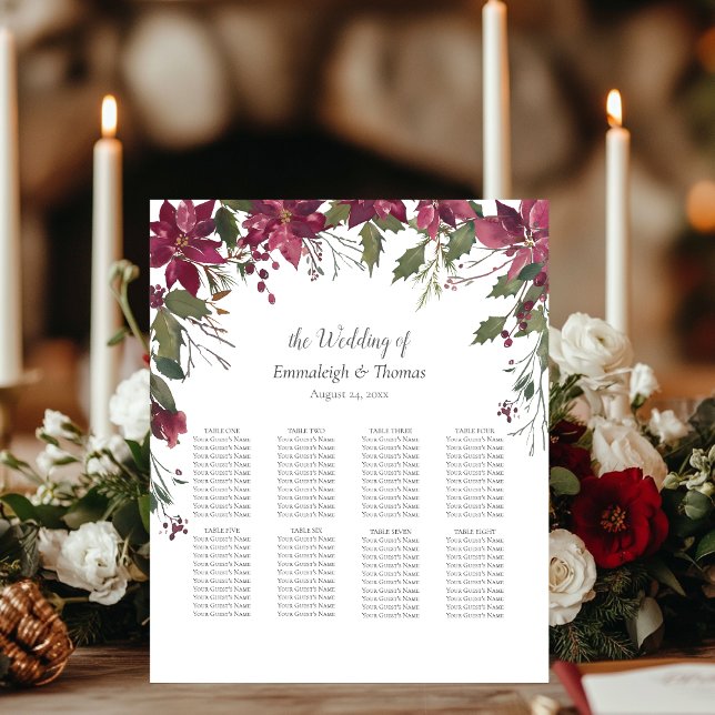 Guests Seating Chart Poinsettia Floral Scarlet Red Pedestal Sign (Creator Uploaded)