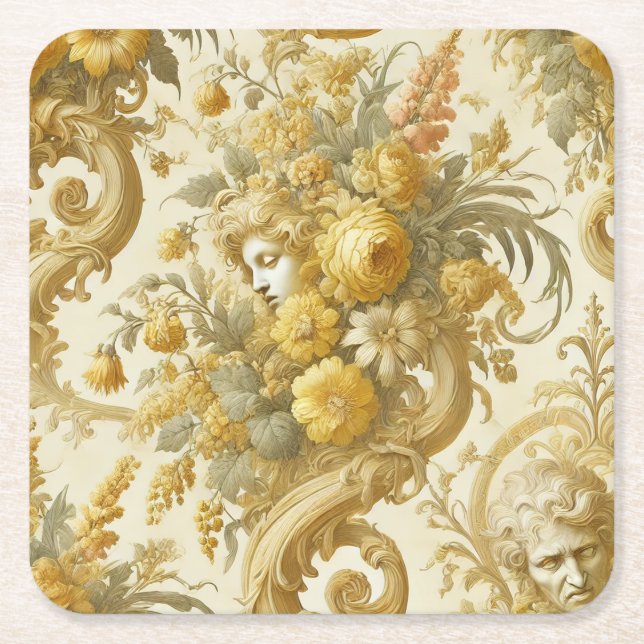Guilt of Gold – Baroque Floral  Square Paper Coaster (Front)